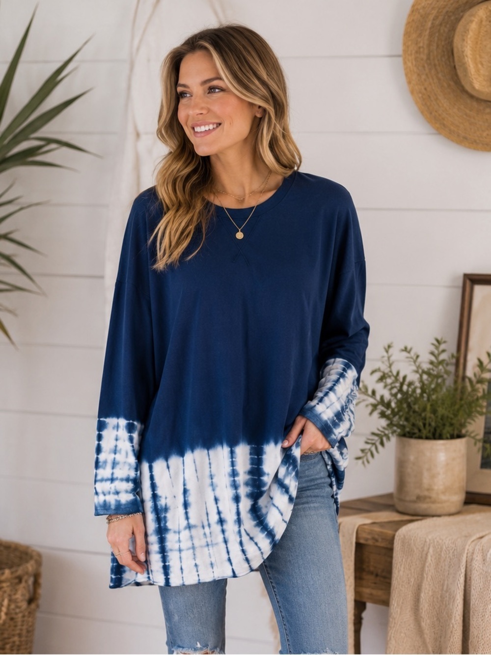 Altar’d State Long Sleeve Navy and Whites Tie Dye Long Sleeve Sweatshirt Dress